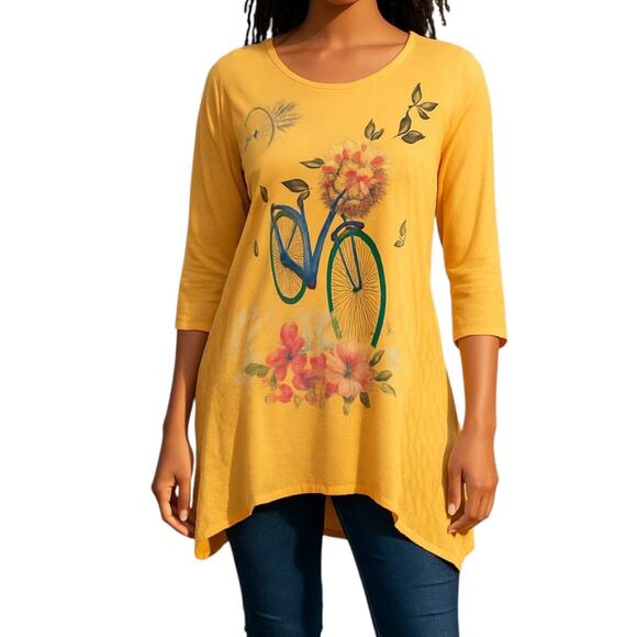 Jess & Jane USA Yellow Blue Pink Butterflies Bicycle Tunic Top Dress Shirt S - Picture 3 of 3